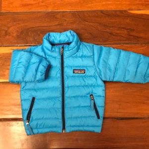 Patagonia down winter jacket. Size 3-6 months. Blue. EUC